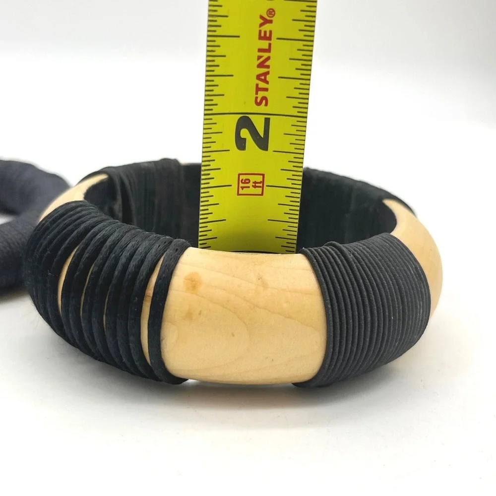 Handmade Wood and Black Cord Wrapped Bangle Bracelet Set Chunky Boho 2pc
